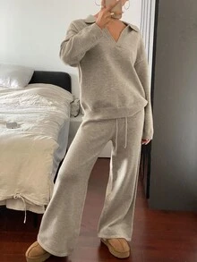 Livesso Petite Women's Solid Color Drop Shoulder Long Sleeve Sweater And Knit Pants Casual 2 Pieces Set - Khaki - View 8