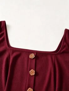 SHEIN Franclia 女款夏季方領無袖背心上衣，前片假門襟金屬鈕扣，H-Line 羅紋針織面料，優雅修身，適合日常、早午餐、度假 - 酒紅色 - 查看 4