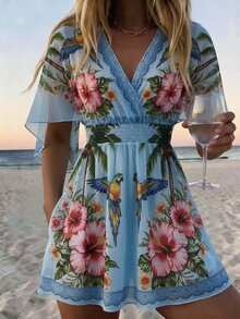 SHEIN Swim 2026SS 春夏新款椰子樹印花度假海灘海邊休閒熱帶風女款罩衫洋裝 淺藍色 - 藍色 - 查看 1