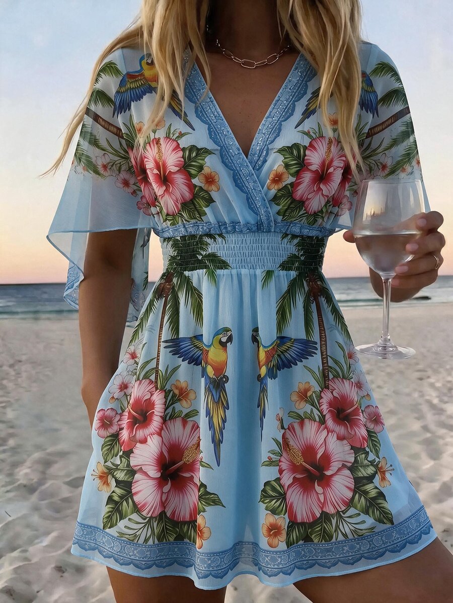 SHEIN Swim 2026SS 春夏新款椰子樹印花度假海灘海邊休閒熱帶風女款罩衫洋裝 淺藍色 - 藍色 - 查看 1
