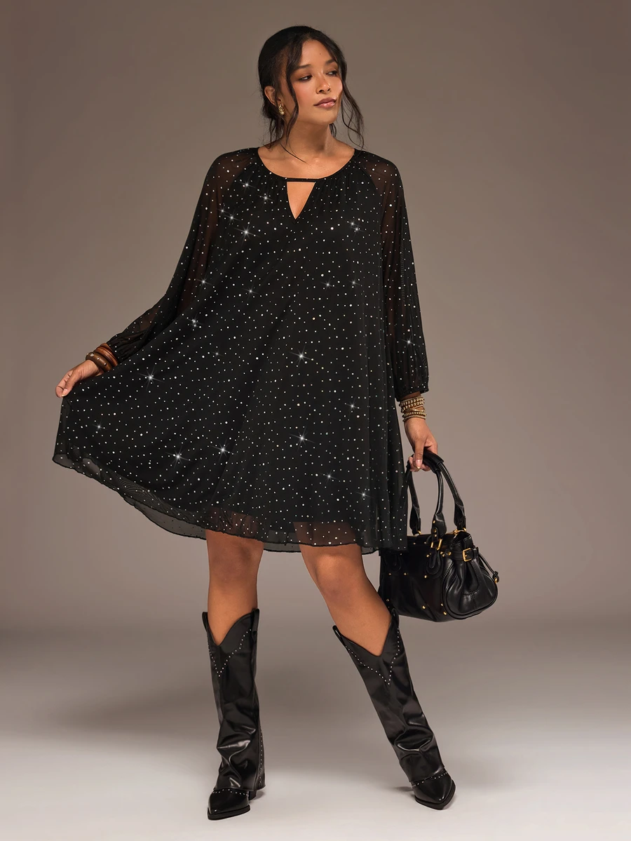 Freevana Plus Size Elegant Black Sheer Mesh Sparkly Rhinestone V Neck Long Sleeve Flowy Evening Dress - Black - View 1