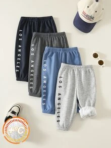 SHEIN 嬰幼兒男女通用 4件組秋冬休閒時尚加厚抓絨內裡運動長褲 多件裝 慢跑褲 嬰兒冬季下身褲 - 藏蓝色 - 查看 1