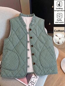 SHEIN Clasi Plaid Button Pocket Cotton Padded Vest Jacket - Dark Green - View 6