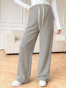 DAZY Celana Panjang Lurus Longgar dengan Motif Garis-Garis Kontras dan Tali Pengikat, Gaya Korea, Kasual untuk Sehari-hari, Liburan, Musim Semi, Musim Gugur, dan Ibu Hamil. - Khaki - View 5