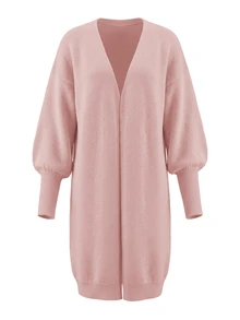 Balvessa Deep V-Neck Drop Shoulder Lantern Sleeve Ribbed Cuff Loose Buttonless Women's Cardigan - Baby Pink - View 4