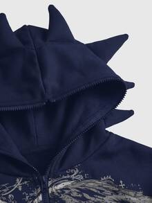 ROMWE MEN Men's Printed Pattern Antenna Loose Hooded Sweatshirt Streetwear - Royal Blue - View 2