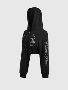 ROMWE Street Life 女款虎紋街頭風刺繡復古連帽衛衣外套 - 黑色 - 查看 8