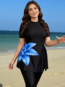 SHEIN Swim Plus Size Tank Bikini 2-Piece Set For Women, Fashion Floral Print Round Neck Short Sleeve Dress-Style Capris, Casual Vacation Two-Piece Swimsuit - Black - View 2