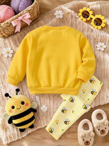 SHEIN Set Baju Bayi Perempuan: Sweatshirt Leher Bulat Rajut Motif Lebah Lucu dan Legging Pinggang Elastis 2 Potong - MultiWarna - View 2