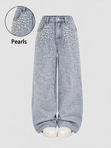 SHEIN Tween Girls' Y2K Cute Shiny Rhinestone Pearl Embellished Denim Jeans, Casual Fit, Loose Wide-Leg Washed Pants School Family Light Blue Summer - Blue - View 1