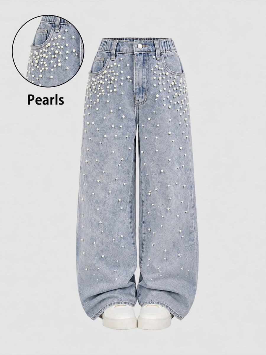 SHEIN Tween Girls' Y2K Cute Shiny Rhinestone Pearl Embellished Denim Jeans, Casual Fit, Loose Wide-Leg Washed Pants School Family Light Blue Summer - Blue - View 1