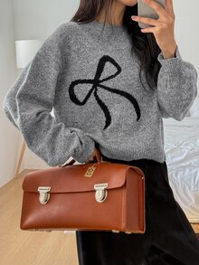 DAZY Women's Bow Pattern Casual Daily Wear Long Sleeve Sweater - Dark Grey - View 3