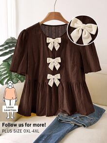 CosyJoli Plus Size Round Neck Short Sleeve Shirt, Everyday Plus Size Top, Apricot Color Plus Size Shirt, Black Bow Design - Brown - View 2