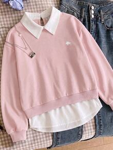 SHEIN 青少年女孩襯衫領刺繡小馬圖案秋冬衛衣 2合1拼接款 - 粉色 - 查看 3