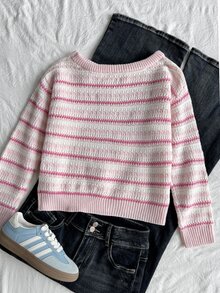 SHEIN Tween Girls Sweaters Versatile Gradient Striped Mini Knit Cute Vacation Sweater - Pink - View 2