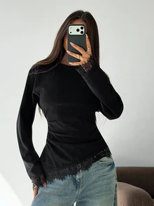 Aloruh Women's Elegant Round Neck Lace Patchwork Black Commute Versatile Long Sleeve T-Shirt Top - Black - View 1