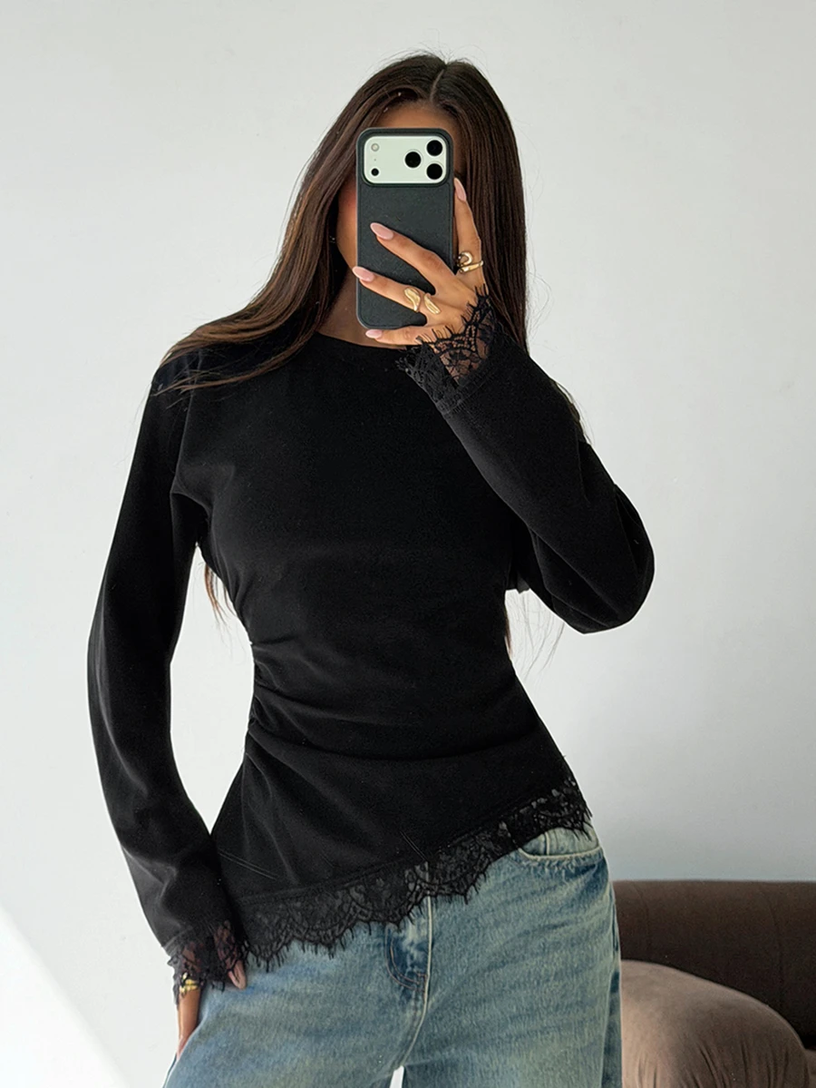 Aloruh Women's Elegant Round Neck Lace Patchwork Black Commute Versatile Long Sleeve T-Shirt Top - Black - View 1