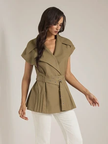SHEIN Tall Women's Tall Army Green Sleeveless Casual Workwear Blazer - Olive Green - View 3