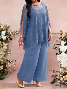 Fleurora Plus Size Women's Lace Cape Sleeve Top And Pants Elegant Two Pieces Set - Dusty Blue - View 3