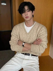 DAZY Autumn/Winter Khaki Body With Rolled Edge Design V-Neck Contrast Color Round Neck White 2 In 1 Men's Sweater - Khaki - View 4
