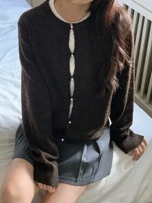 DAZY Women's Solid Color Loose Long Sleeve Round Neck Button Casual Vacation Korean Style Autumn/Winter Knit Cardigan - Coffee Brown - View 1