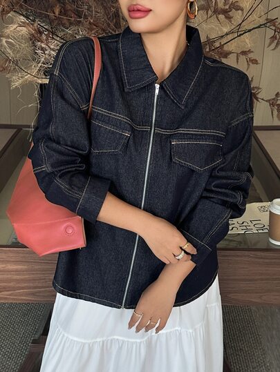 Dazy Plus Chaqueta y abrigo de mezclilla azul oscuro corto holgado con solapa, manga larga, cremallera y bolsillo grande para otoño/invierno