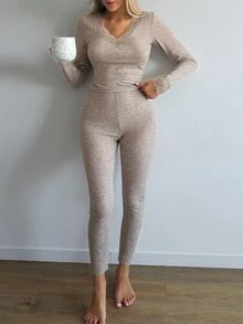 Livesso Women's Lace Patchwork Long Sleeve Top And Comfortable Pants Pajama Set Fall - Apricot - View 5