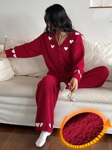 DAZY Women's 2-Piece Heart Pattern Loose Cardigan Long Sleeve Knit Top And Straight Leg Long Pants Pajama Set, Autumn/Winter - Red - View 4