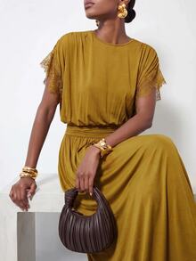 Zivah Women's Solid Color Round Neck Batwing Short Sleeve Elegant Long Dress - Mustard Yellow - View 4