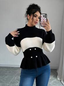 SHEIN Elenzya Women's Round Neck Striped Colorblock Pullover Sweater With Button Decor - Black - View 1