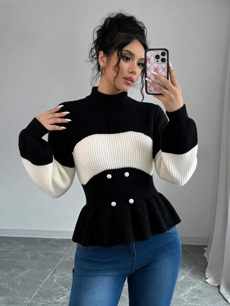 SHEIN Elenzya Women's Round Neck Striped Colorblock Pullover Sweater With Button Decor - Black - View 1