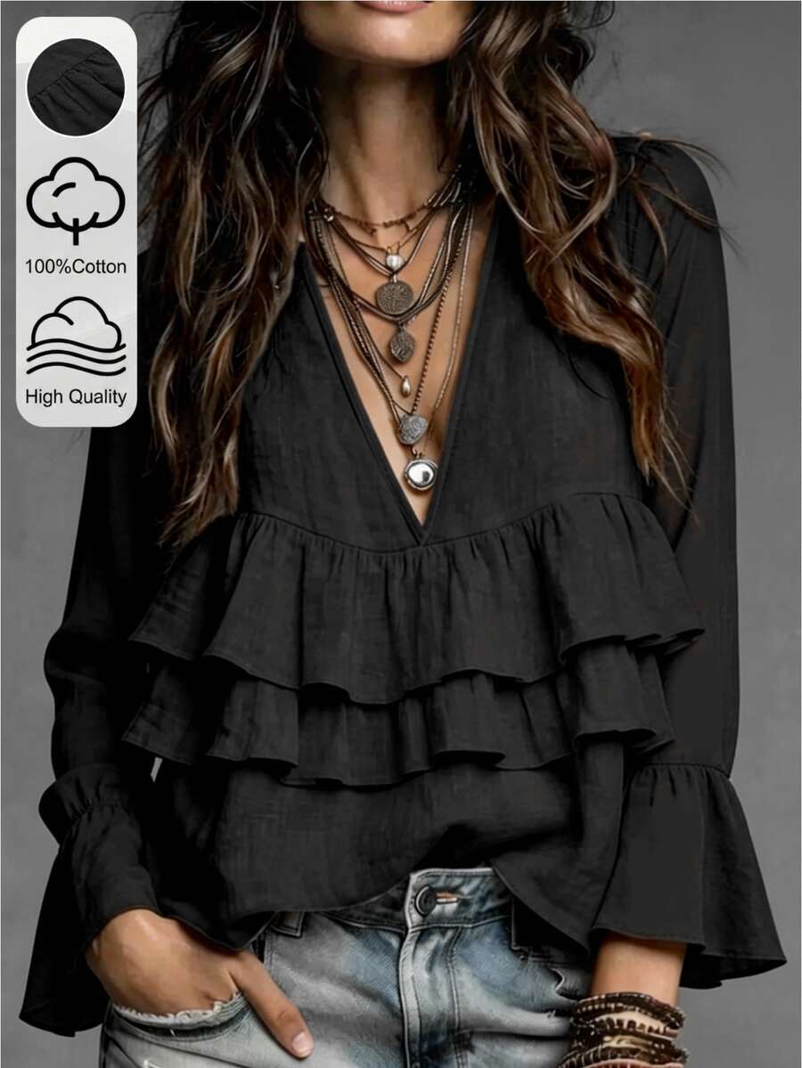 Trelyra T-Shirt, 100% Cotton Comfortable Fabric, V-Neck Long Sleeve Ruffle Design, Casual Vacation Comfortable Wear, Gift For Friends, Loose Casual Fit, Large Capacity - Black - View 1