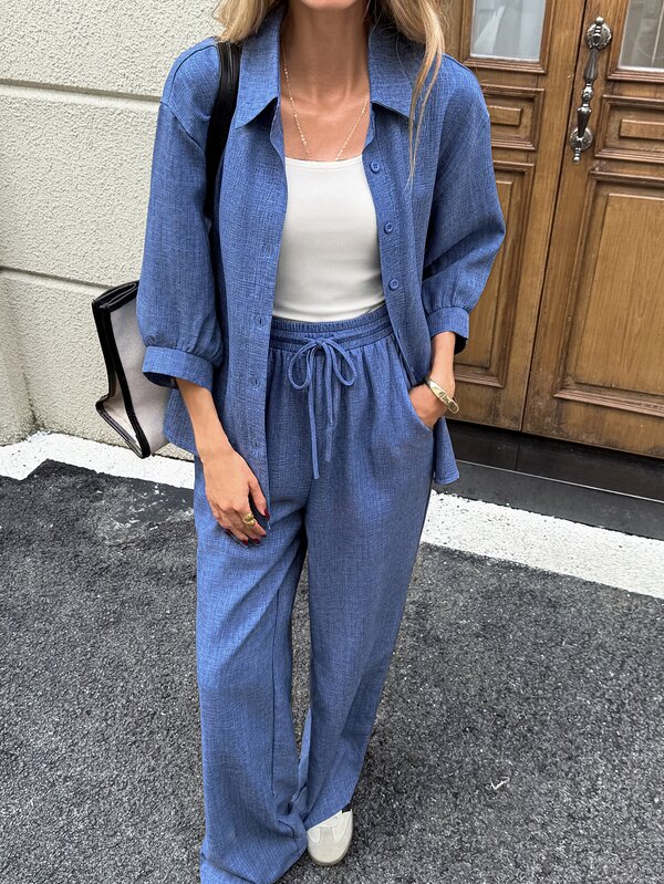 SHEIN LUNE Casual Women's Autumn/Winter Open Front Shirt & Pants 3 Pieces Set