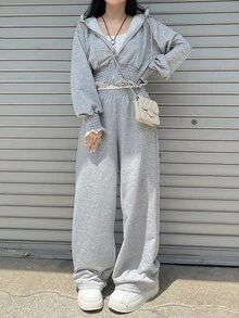 FRIFUL Women's Korean Style Ruched Waist Hooded Sweatshirt And Loose Pants 2 Pieces Set Fall - Grey - View 4