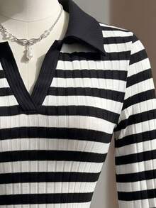Fine & Folde Women's Striped Casual Daily Long Sleeve Bodysuit - Black and White - View 4