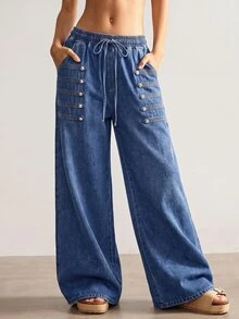 Bohemela Plus Size Casual Washed Drawstring Waist Jeans - Medium Wash - View 2