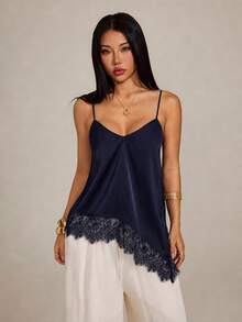 SHEIN PETITE Women's Solid Color Contrast Lace Asymmetrical Hem Fashion Camisole - Navy Blue - View 5