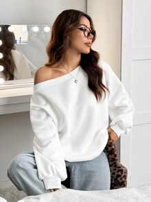 SHEIN EZwear Plus Size Women's Solid Color Asymmetric Neck Drop Shoulder Long Sleeve Casual T-Shirt Fall - White - View 6
