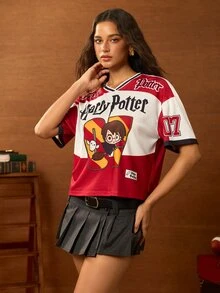 HARRY POTTER X SHEIN Kaos Wanita Motif Kartun Patchwork Blok Warna - Putih - View 4