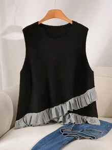 CosyJoli Plus Size Women's Patchwork Plaid Ruffle Hem Knit Vest Winter - Black - View 1