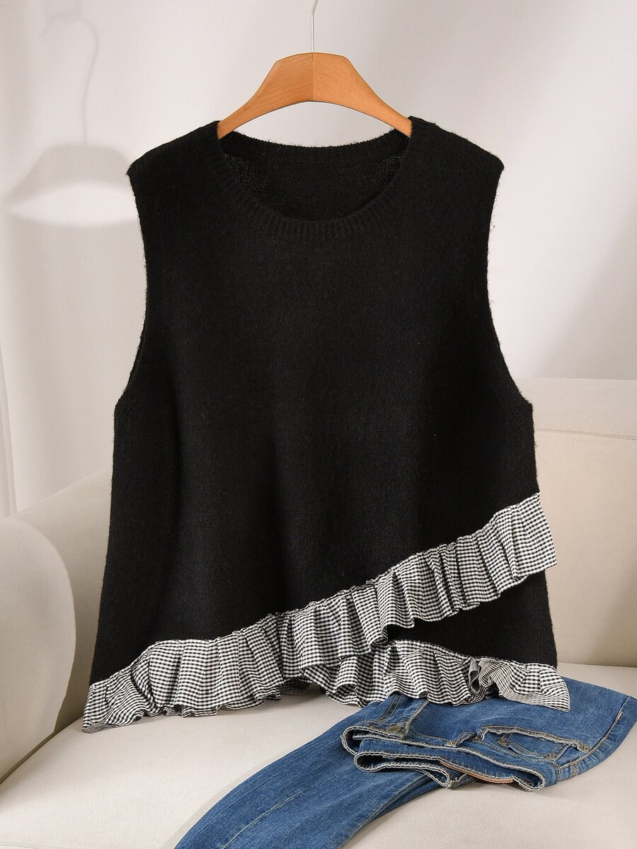 CosyJoli Plus Size Women's Patchwork Plaid Ruffle Hem Knit Vest Winter - Black - View 1