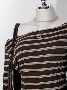 SHEIN ICON 女款大尺碼條紋不對稱肩喇叭袖T恤 - 棕色 - 查看 10