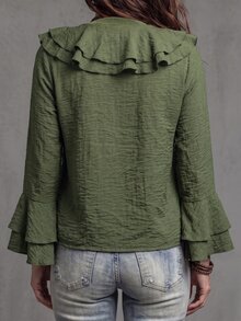 Linhara CURVE Plus Size Women's Woven Regular Fit Autumn/Winter American Vintage Western Style Casual Commute V-Neck Double Layer Ruffle Bell Sleeve Loose Relaxed Slouchy Distressed Gray Green Shirt - Green - View 2
