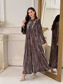 Al Najma Women's Floral Embroidered Button Half-Placket Long Sleeve Elegant Arabian Dress - Khaki - View 3