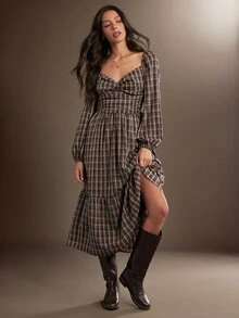 WESTFADE Twist Front Ruched Waist Long Sleeve Tiered Ruffle Plaid Midi Dress, Fall Winter 2026, Western Style, Cowgirl Clothing, Rodeo, Female Country Look - Multicolor - View 4