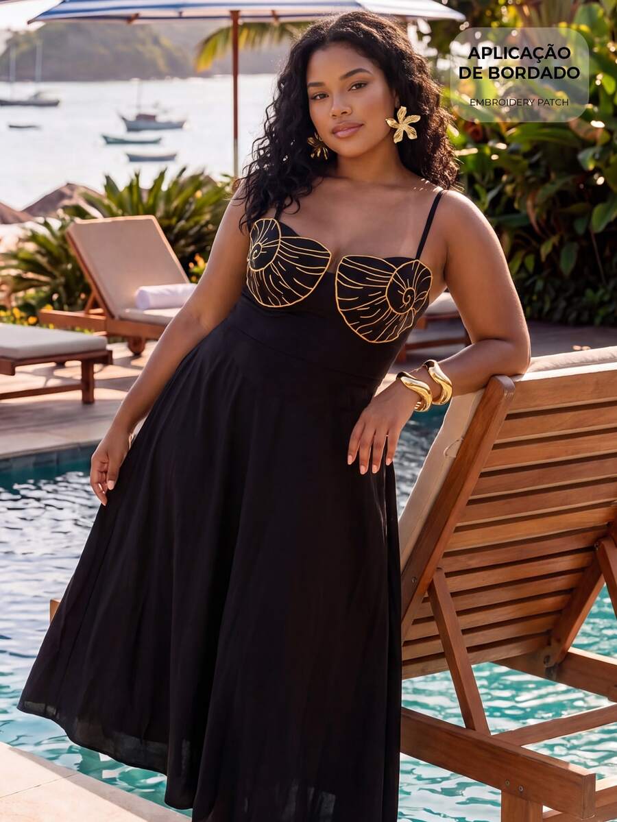 CAJUNI Plus Size Vacation Fashion Embroidered Spaghetti Strap Dress - Black - View 1