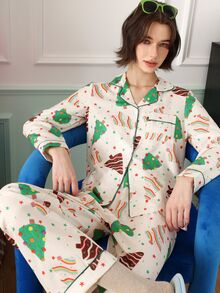 Chillnights طقم بيجامة نسائي بطبعة كاملة، ملابس علوية بأكمام طويلة وبنطلون، كاجوال للاستخدام اليومي والمنزلي - متعدد الألوان - مشاهدة 1