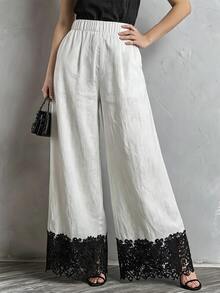 Breezaya Women's Fashion Minimalist Lace Patchwork Loose Pocket Long Pants - Apricot - View 3