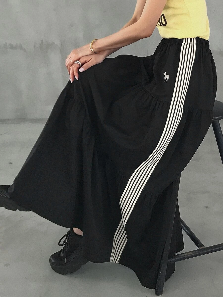 DAZY Women's Fashion Elegant Striped Colorblock Skirt - Black - View 1