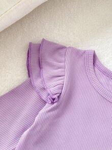 SHEIN Playful Pals 2件組幼女上衣牛仔吊帶褲，可愛紫色荷葉邊蝴蝶結刺繡，飛袖圓領，常規款，適合生日派對、秋季假期、聖誕節，羅紋設計 - 紫色 - 查看 6